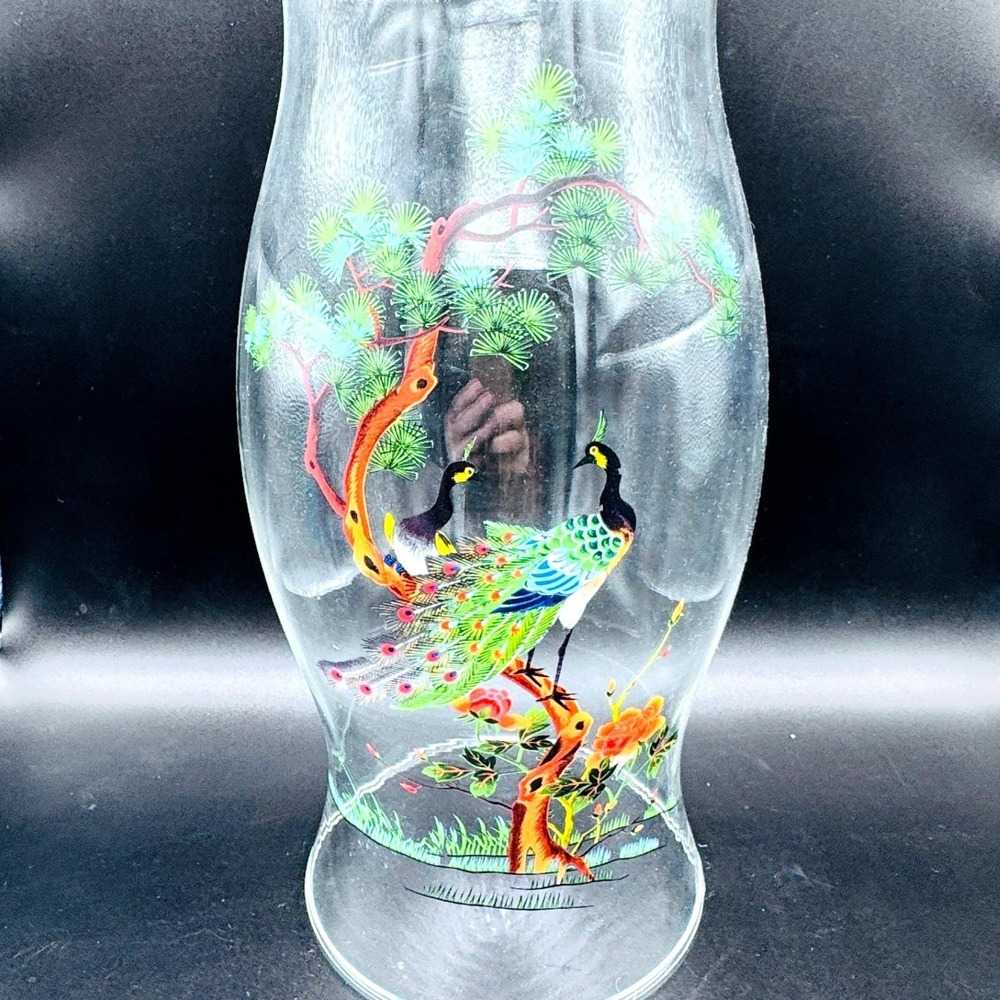 Vintage Peacock Hurricane Lamp Shade Chimney Glass L.E. Smith Cottage Floral - Picture 4 of 11